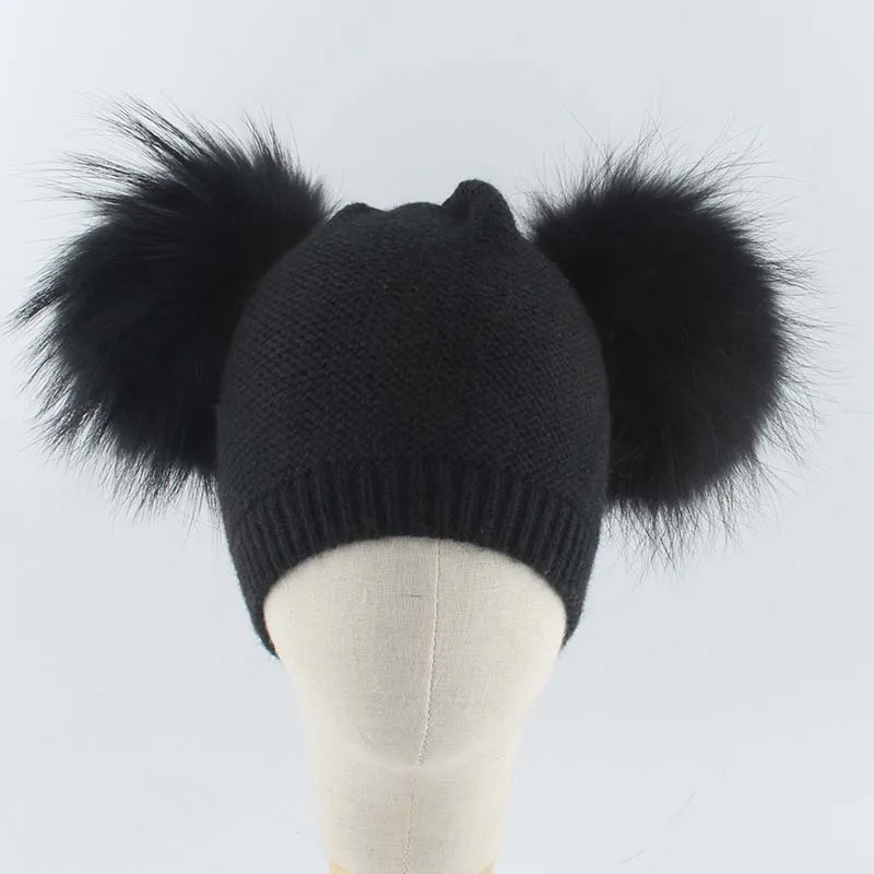 Winter Wool Hat For Kids Baby Double Pompones Skullies Beanies Real Fur Pompom Hat Boy Girls Warm Knitted Beanie Cap