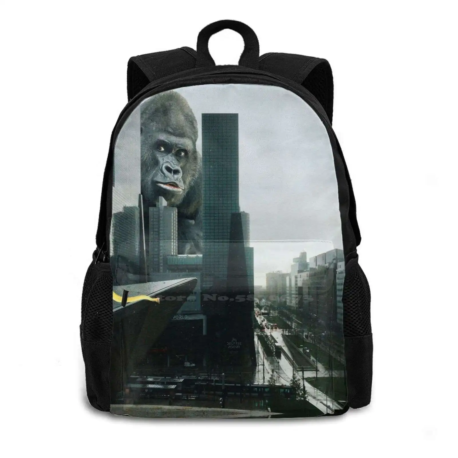 King Kong Searching Banana In Town Fashion Pattern Design Travel Laptop School Backpack Bag King Kong Banana Fruit Search Look