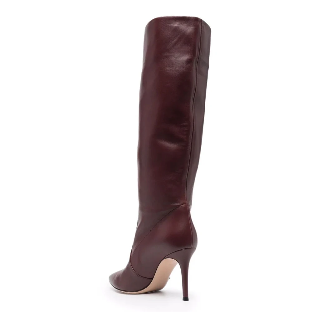 Burgundy Knee Boots for Women Stiletto High Heel Pointed Toe Winter Shoes Ladies Large Size Slip-on Long Boot Sexy Footwear 2024