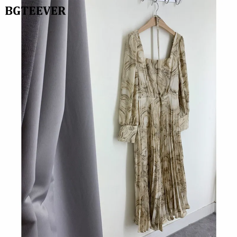 BGTEEVER Elegant Square Collar Women Pleated Dress Long Sleeve Slim Belted Sashes Female Printed Dress Vestidos 2021