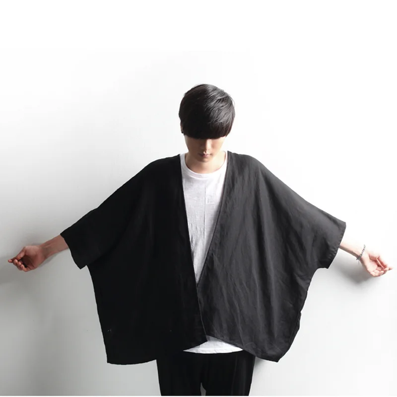 

Dark Fashion Men's linen Cardigan Cape Cape Cape Cape Cape Bat sleeveless shirt trend