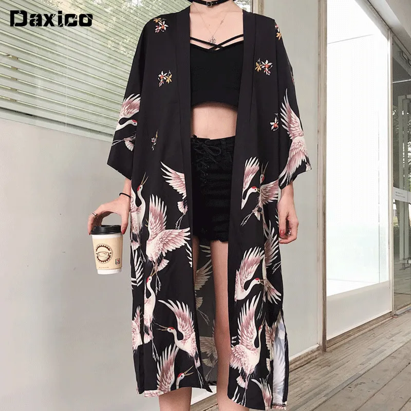 

Japanese Traditional Japanese Kimono Cardigan Crane Woman Bathrobe Samurai Japanese Clothing Oriental Clothing Cosplay Blouse