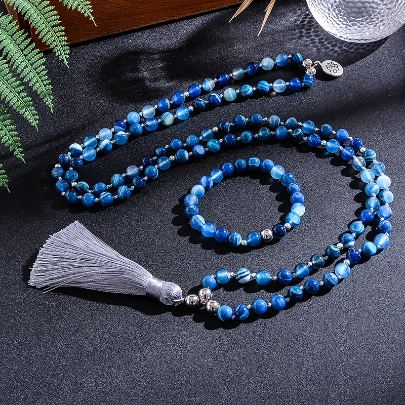 

8mm Blue Striped Agate Beaded Knotted 108 Japamala Necklace Meditation Yoga Blessing Jewelry Sets For Women's Tassel Rosary