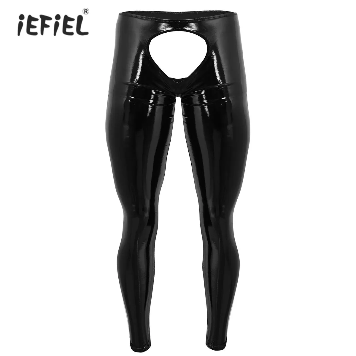 Black Mens Exotic Lingerie Shiny Patent Leather Trousers Open Back Crotchless Tight Pants Elastic Waistband Stretchy Leggings