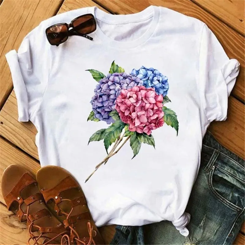 Women's T-shirt Kawaii Flower Print Shirts Casual Graphic T-shirt O-neck Harajukus 90s Streetwear Ladies Top