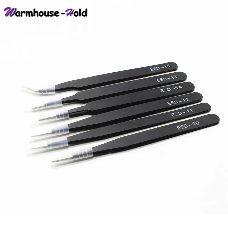 6Pcs Safe Anti-static Tweezers Tool ESD 10-15 Stainless Steel Tweezers for Soldering Station Electronic Component Repair Tools