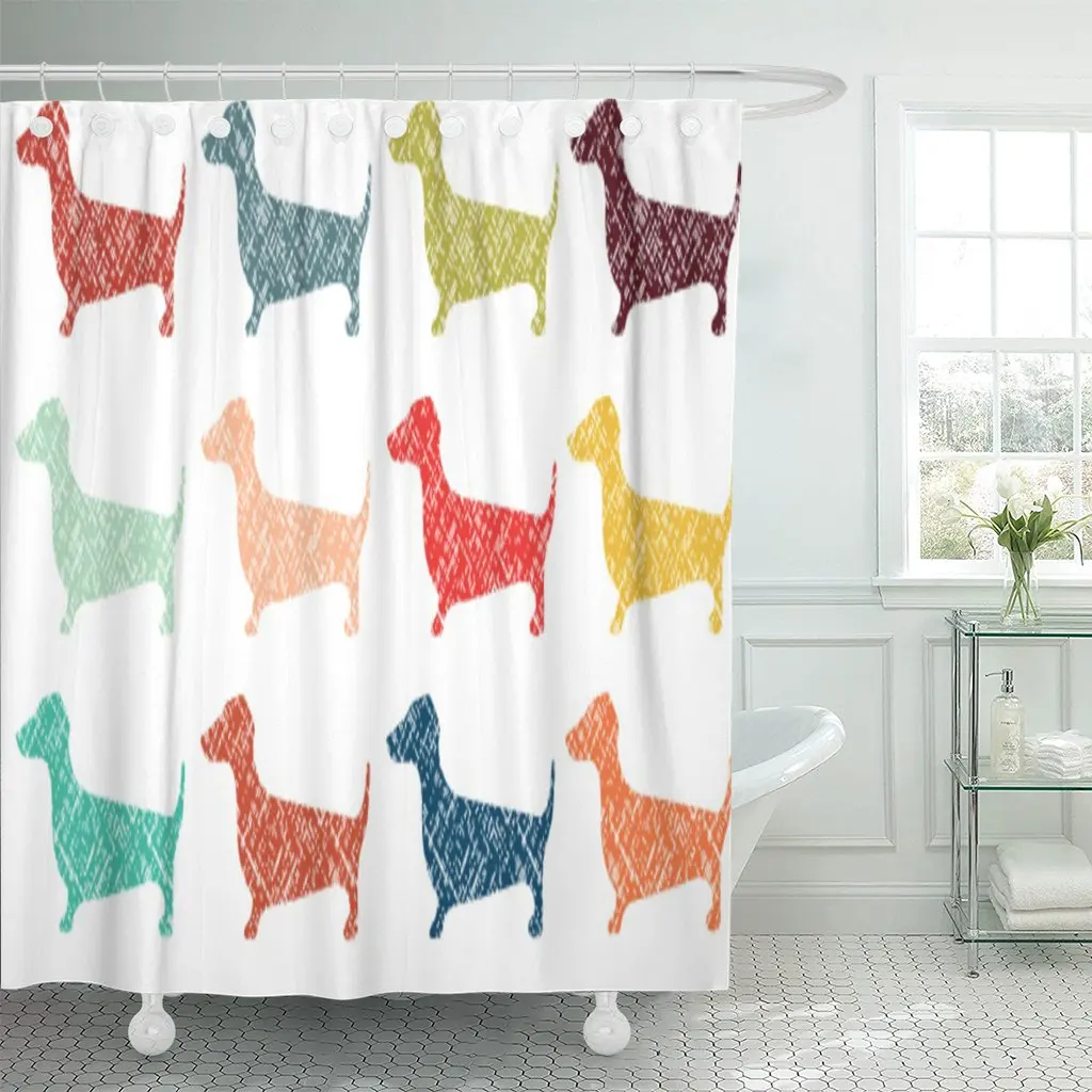 Colorful Dog Dachshund Repeatable Pattern Wiener Baby Cute Kid Shower Curtain Polyester 72 x 78 inches Set with Hooks