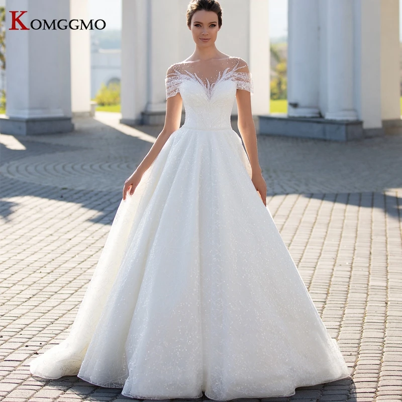 Vestido De Noiva Cap Sleeve Embroidery Appliques Tulle Bridal Ball Gown Elegant O-Neck Court Train Button Back Wedding Dress