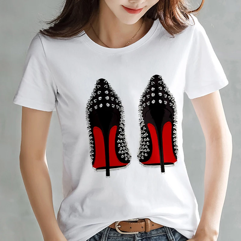 

Newest watercolor high heels print O-neck T-shirt Harajuku femme funny T shirt women 90s hip hop punk Tshirt hipster streetwear