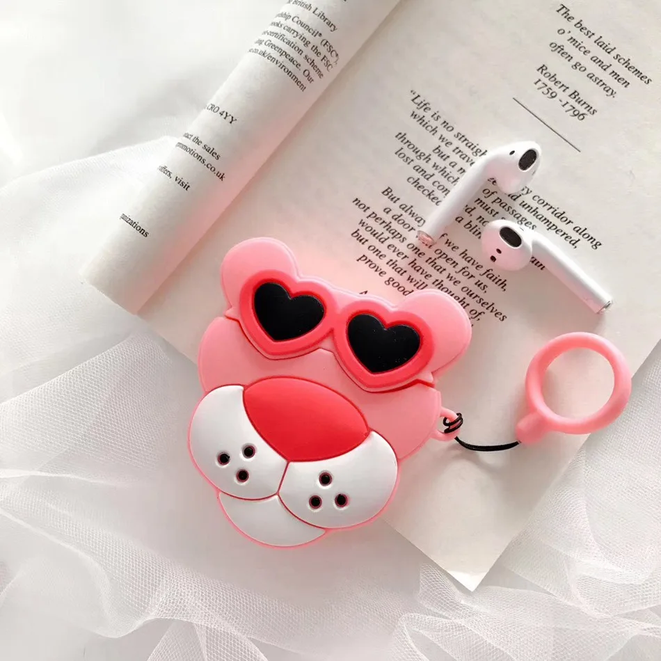 For AirPods Case Three-dimensional Pink Leopard Earphone Case For Apple Airpods 2 Funny Protect Cover with Finger Ring Strap