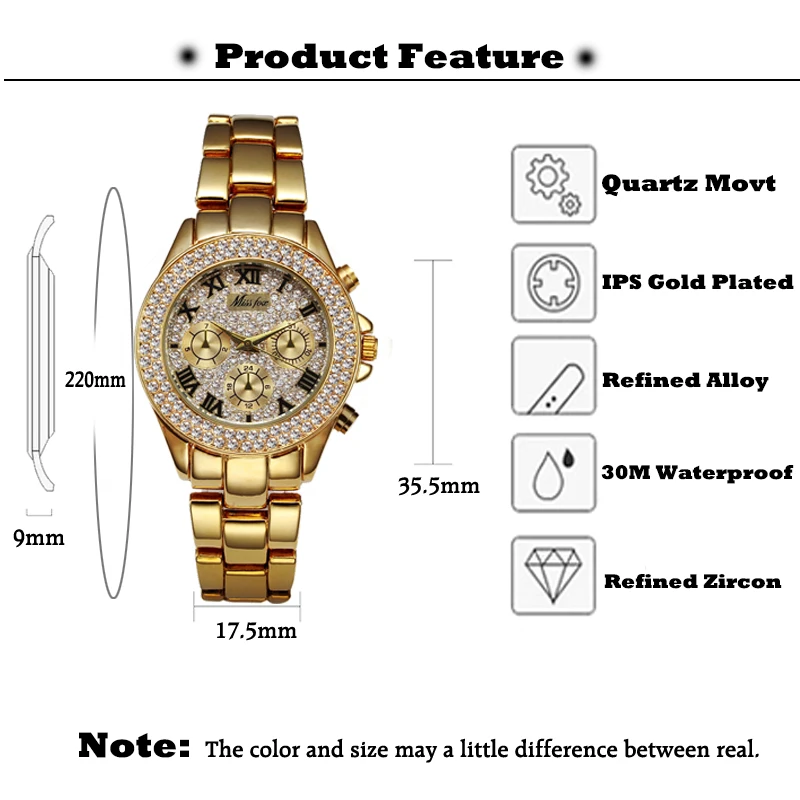 MISSFOX Women Watches Classic Roman Numbers Fake Multiple Time Zones Quartz Watch Women Fashion Casual Gold Bling Ladies Watch