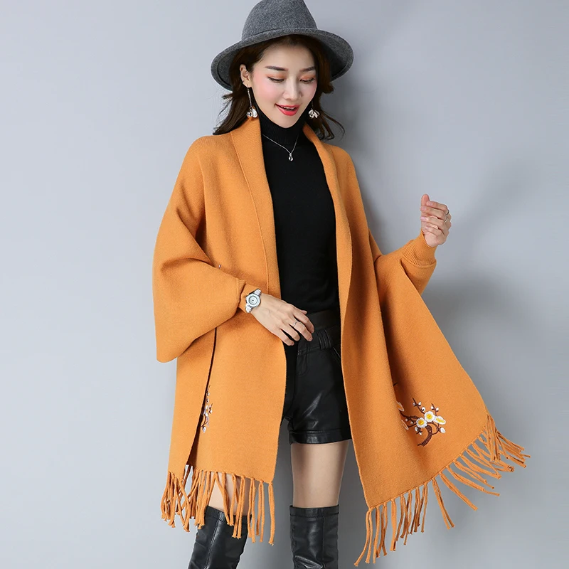 Women's embroidery fringed shawl good quality batwing sleeve elegant ladies floral fringed  party shawl sweater outwear