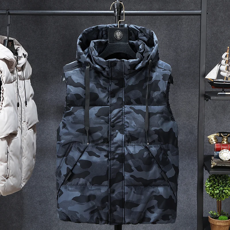 Winter Men Plus Large Size L-7xl Vest Hat Detachable Camouflage Sleeveless Jackets Warm Parka for Men Unisex Waistcoat Unloading