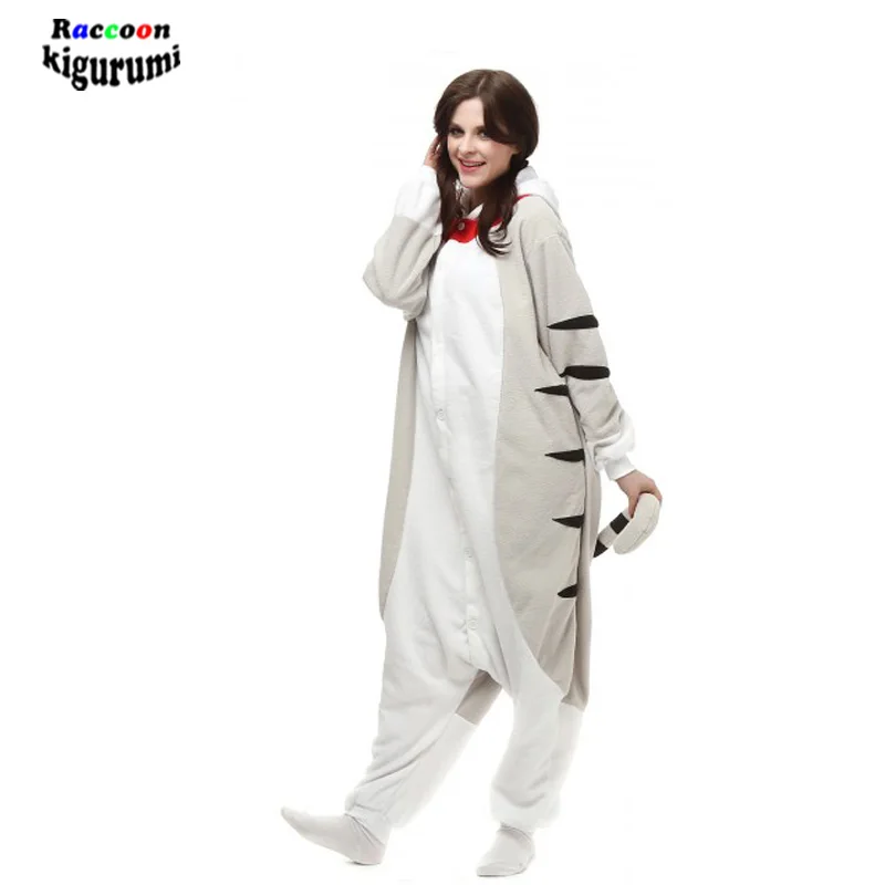 Cat Men Anime Jumpsuit Pajama Adult Flannel Woman Cartoon Animal Cosplay Costume Home Winter Warmth Sleepwear Raccoon Kigurumi