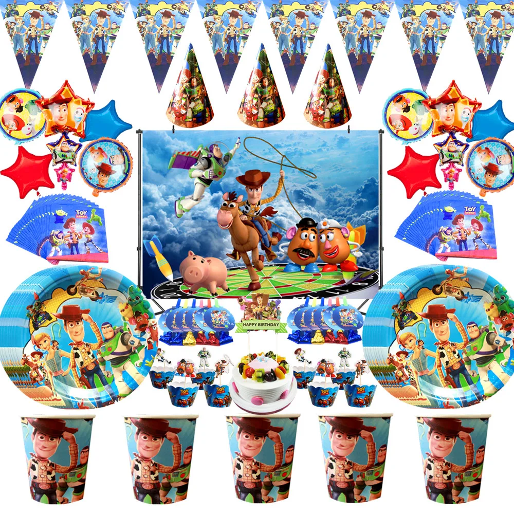 Toy Story 4 Birthday Party Supplies Disposable Paper Napkin Flag Tablecloth Cup Tableware Baby Shower Birthday Party Decoration