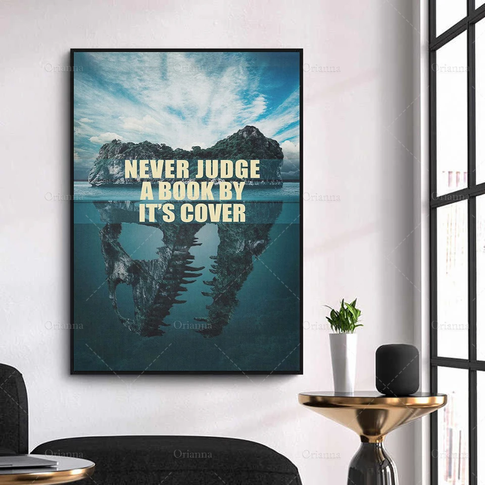 Never Judge A Book By It'S Cover Canvas Wall Art,Motivational Office Decor,Motivational Quotes, Dinosaur, Island Prints Posters