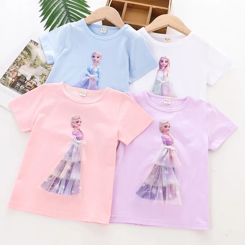 Disney Anime Frozen Summer Girls T Shirt Kawaii Elsa Princess T Shirt Cartoon Fashion Short Top Children Girl Birthday Gifts