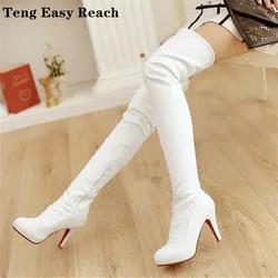 Sexy Spuer High Heel Over The Knee Boots Women Platform Stretch Boots Zipper Autumn Winter Fashion Women Shoes Black White