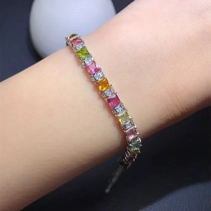 KJJEAXCMY fine jewelry 925 sterling silver inlaid natural tourmaline Women's luxury exquisite square gem hand bracelet support d