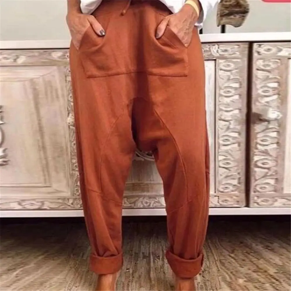 

Women Harem Pants Patch Big Pockets Drop Crotch Trousers Drawstring Oversized Wide Leg Pants Multicolor Sarouel Femme