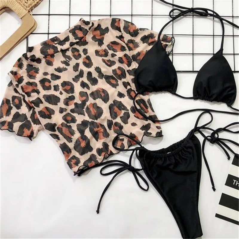 Women\'s 3pcs Bikini Sets Leopard Short Sleeve Crop Top+Bikini Set Bandage Swimwear Swimsuit Bathing Suit Beach Summer Beachwear