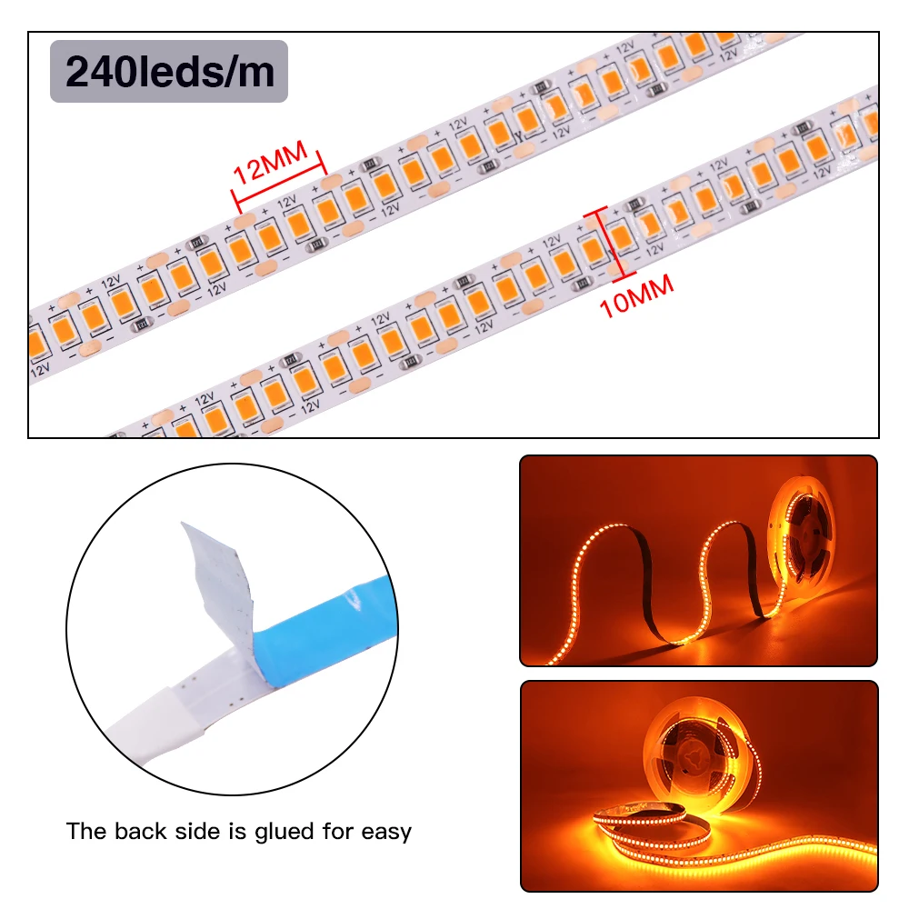 2835 SMD LED 스트립 실내 장식 120, 오렌지 조명, 유연한 리본 로프, LED 조명, 5m/로트, DC 12V, 240 LEDs/m