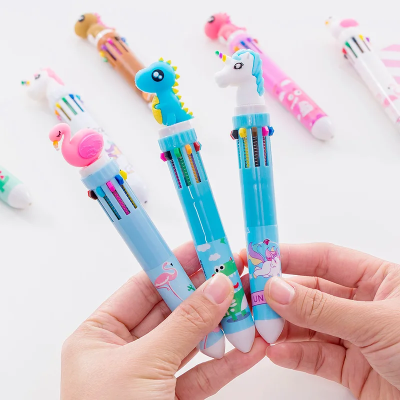 

12PCS Flamingo Unicorn Dinosaur Cartoon Head Ten Color Ballpoint Pen Graffiti Pen Student Wholesale Stationery Novelty Pens