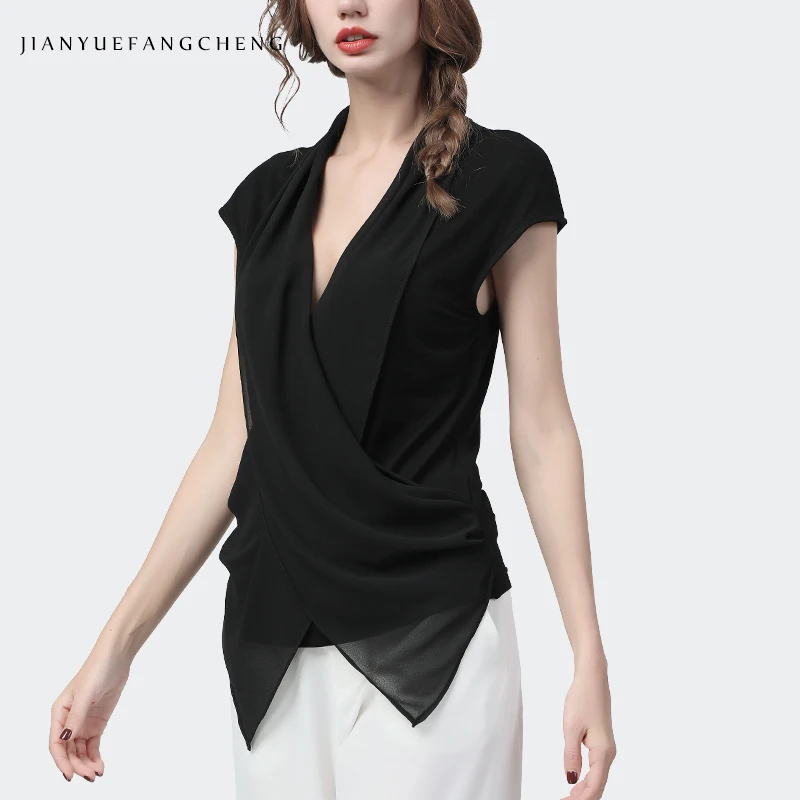 Blusa de gasa de manga corta para mujer, Top cruzado con cuello en V, camisa elegante ajustada de punto de viscosa negra para verano, 2020