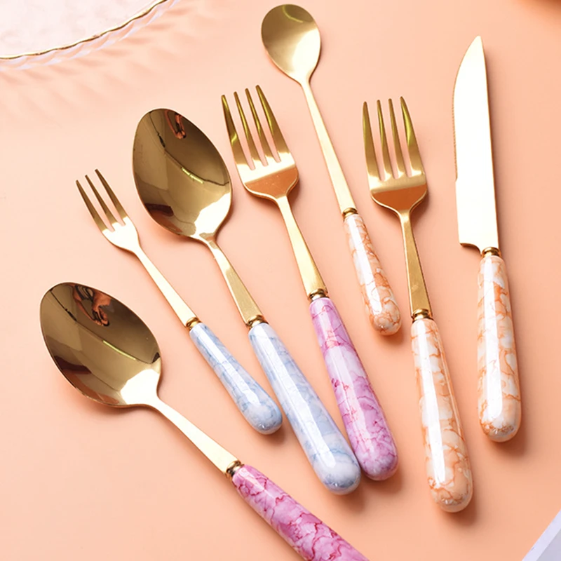 5Pcs/Set Tableware Stainless Steel Spoons Steak Forks Knives Ceramic Handle Cutlery Western Food Dinnerware Kitchen Tools