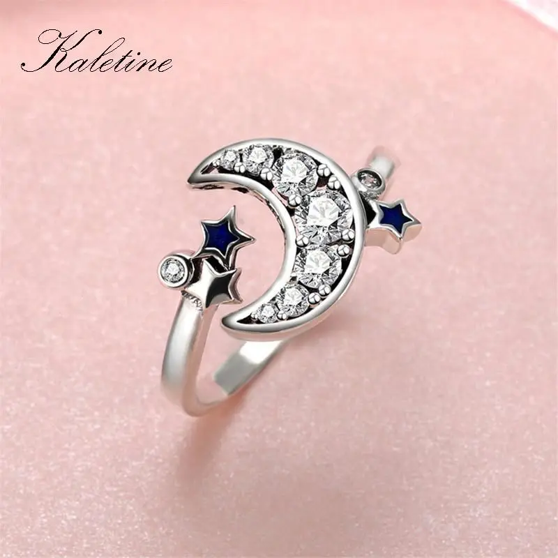 Kaletine 925 Sterling Silver Adjustable Ring Crescent Moon Blue Star Open Finger Rings for Women Wedding Engagement Jewelry Gift