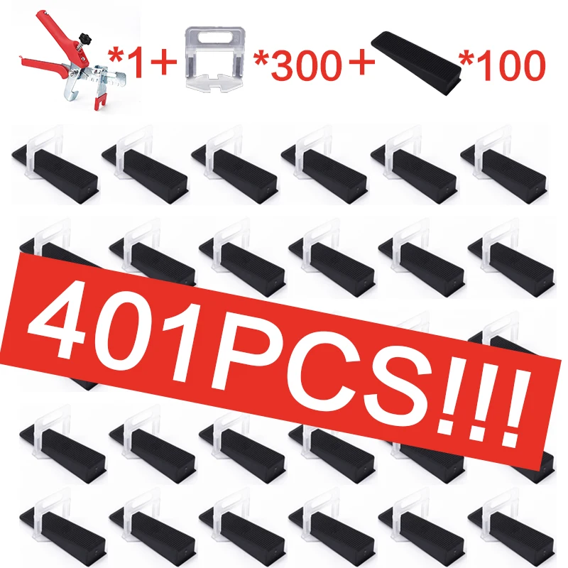 

401pcs tile leveling system 1mm/1.5mm/2mm/2.5mm/3mm 300pcs clips+100pcs Wedges +1piece plier plastic tile spacers tiling tools