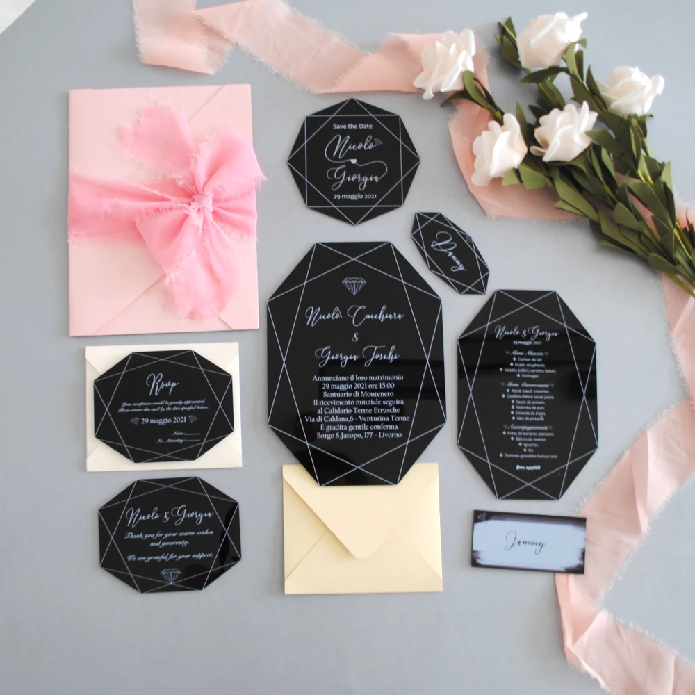 Wedding Cards 10pcs Plexiglass with Custom Printing Black Acrylic Menu Card Save the Date Cards