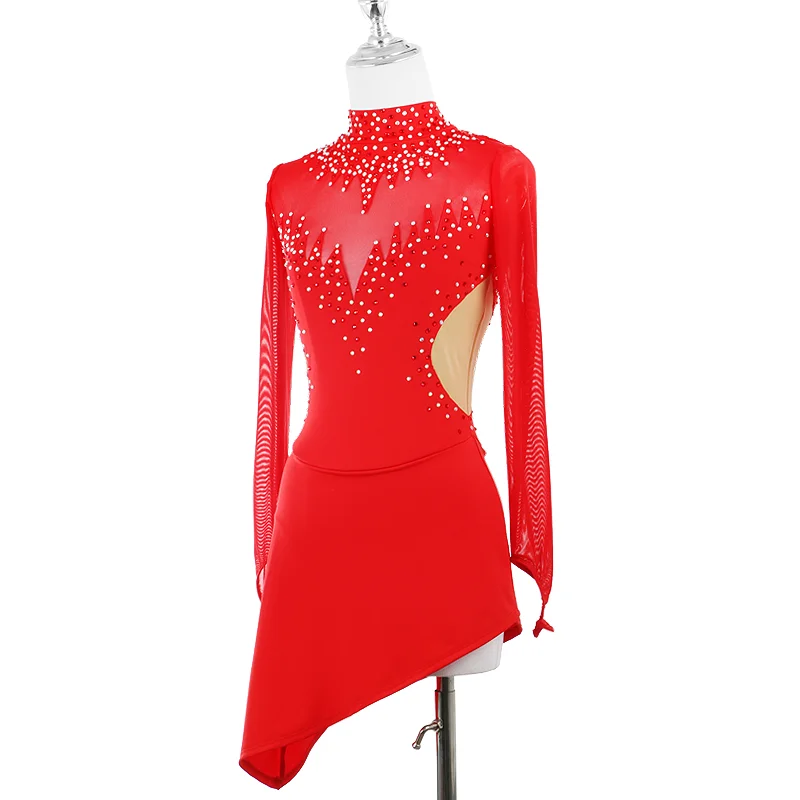 Custom Figure Skating Dress Red Cheongsam Ice Skating Clothes Shiny Rhinestones For Girl And  Woman