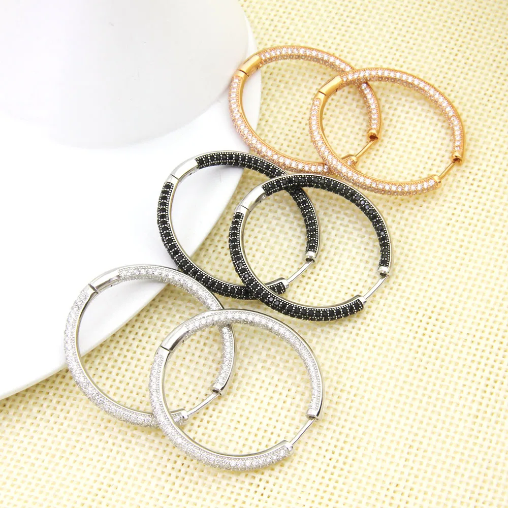 Hemiston Silver Rose Gold Color Full Paved Black White Zirconia Creole Hoop Earrings, Romantic Jewelry Gift For Women TS 126EX