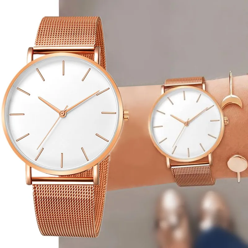 2022 Casual Simple Watch for Women Stainless Steel Mesh Rose Gold Watches 2021 Casual Simple Quartz Watches Clock Zegarek Damski