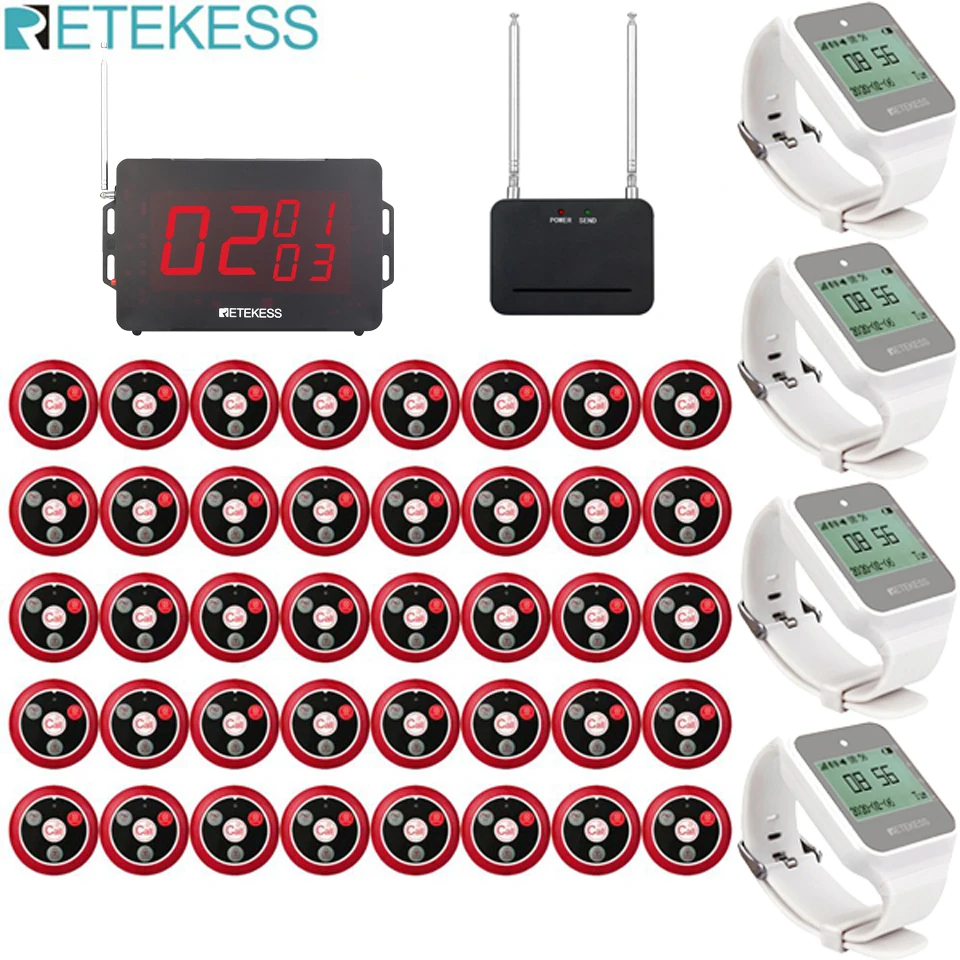 

Retekess Wireless Pager Restaurant Call System Receiver Host + 4 Watch Receiver + Signal Amplifier+ 40 T117 Buttons For Hookah