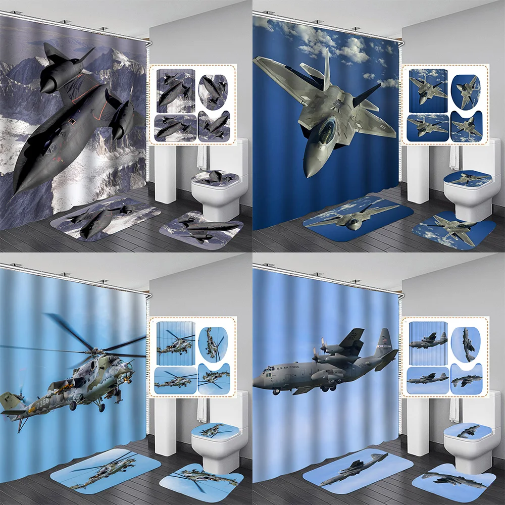 Aircraft 3D Printing HD Fighter Helicopter Shower Curtain Waterproof Bathroom Curtain Set Home Decoration cortinas de baño