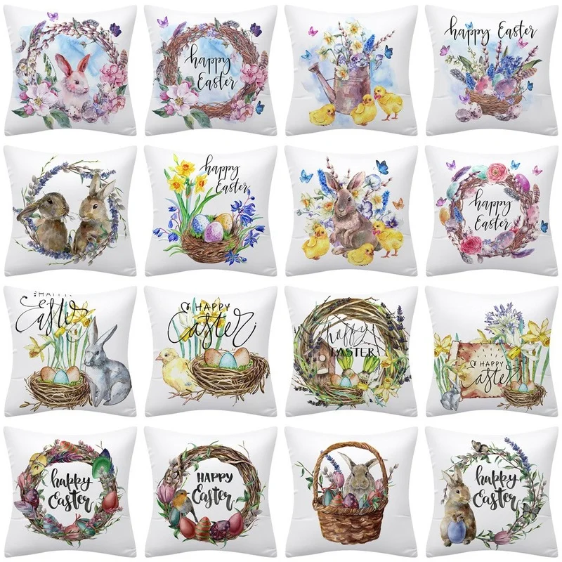 

Sunday Easter Decorative Pillow Cover 45x45cm Colorful Egg Bunny Wreath Printed Cushion Cover Farmhouse Home Decor Pillowcase