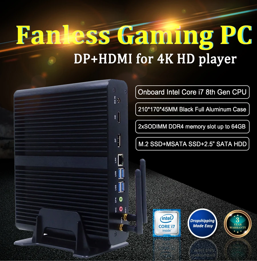 Eglobal Fanless Mini pc  i7 8550U 7560U 7260U gaming pc  2DDR4 Msata M.2 SSD Micro PC Win10 Pro Barebone HTPC Nuc VGA HD