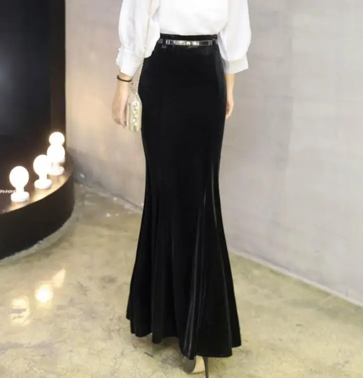 2022  Autumn Vintage Velvet Black Long Mermaid Skirt 2020 Fashion Women Elegant Velour Skirts With Belt DQ1279