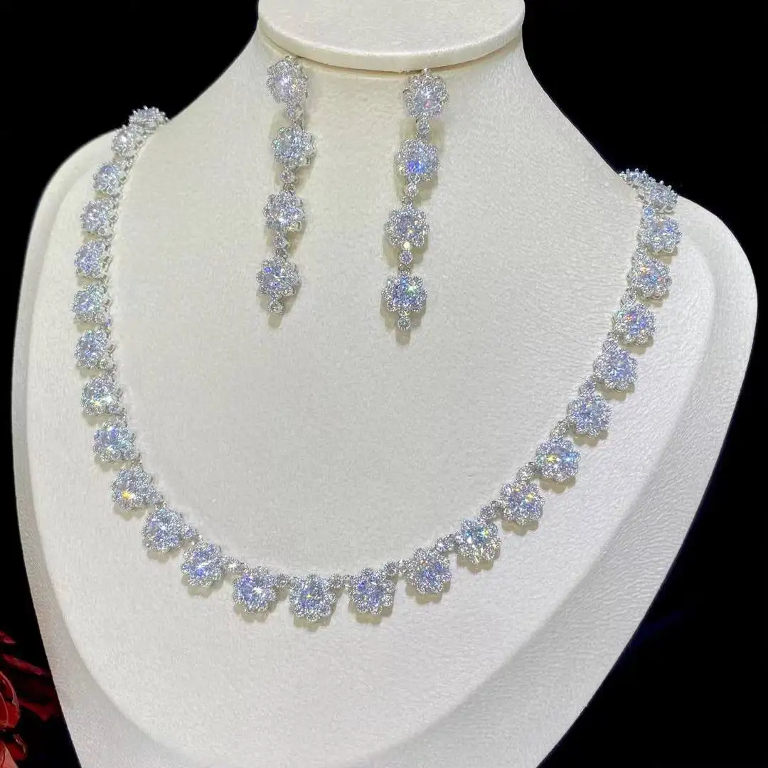 ASNOIRA Set di gioielli da sposa da donna, collana, orecchini, fiore, colore verde, blu e argento, pavé di cristalli, zirconi cubici