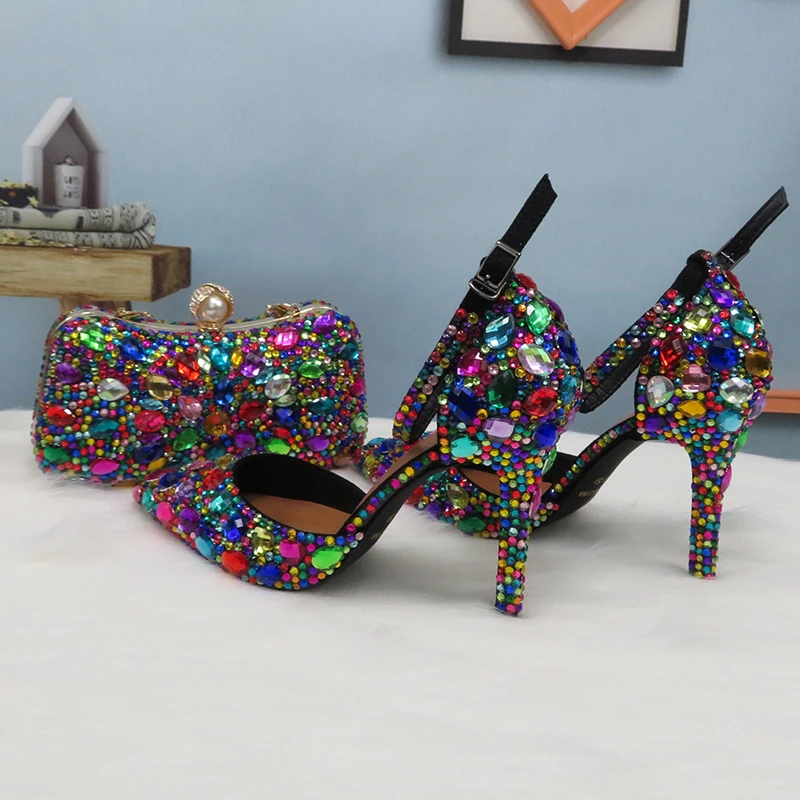 2024 fashion Women wedding shoes with matching bags Multicolored Crystal Thick High heels Ladies Party Dress shoes women Pumps