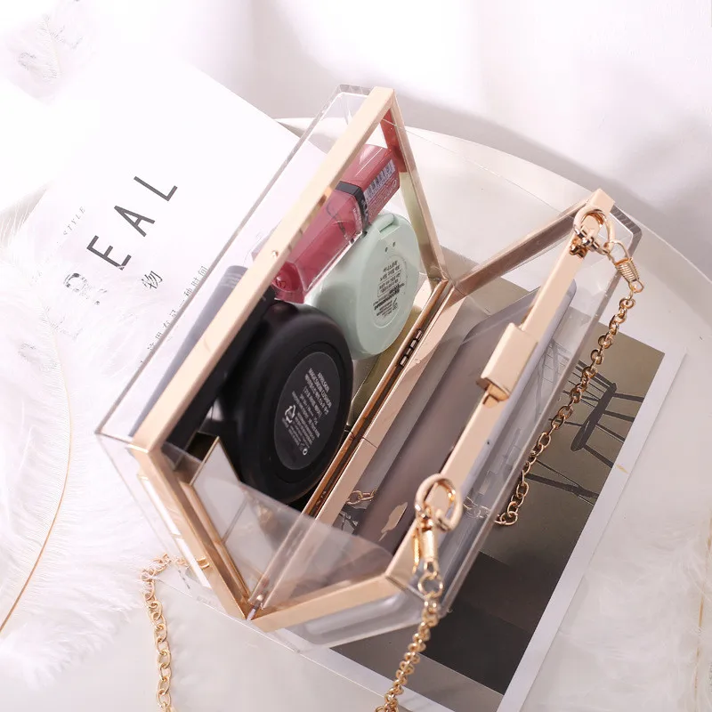 Fashion Women Bags Transparent PVC Clear Jelly Bag Tote Handbag Shoulder Bag Purs Acrylic box Clutches Purse Resin Chain Handle