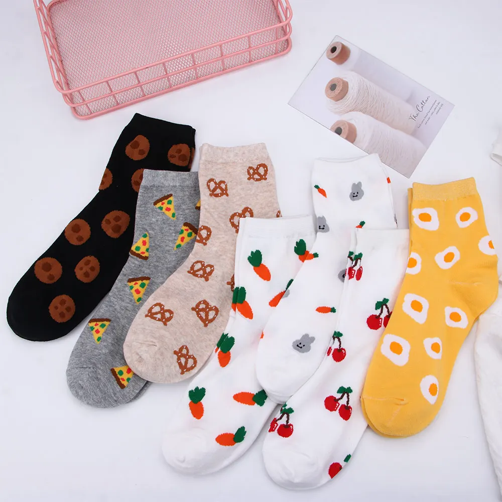 Cute Cartoon Carrot Omelette Cherry Pizza Women Cotton Socks Korean New Sweet Wild Tube Socks Harajuku Sock Fuzzy Sock