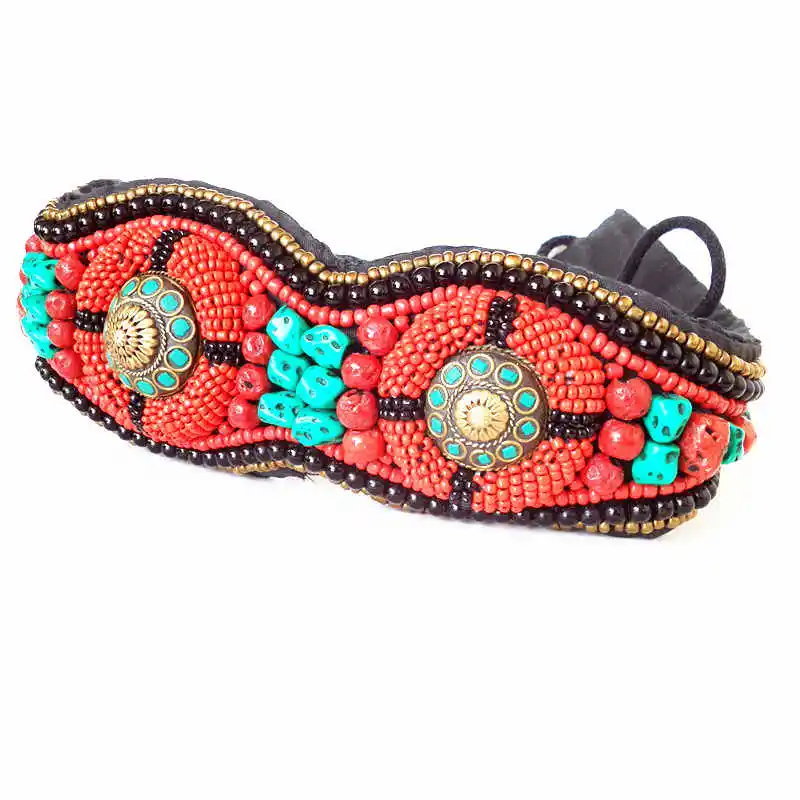 HDC0629 Tibetan Hand Sewed Tribal Belts Colorful Stone Coral Fashion Wide Beaded Waistband Cloth Decor Belt