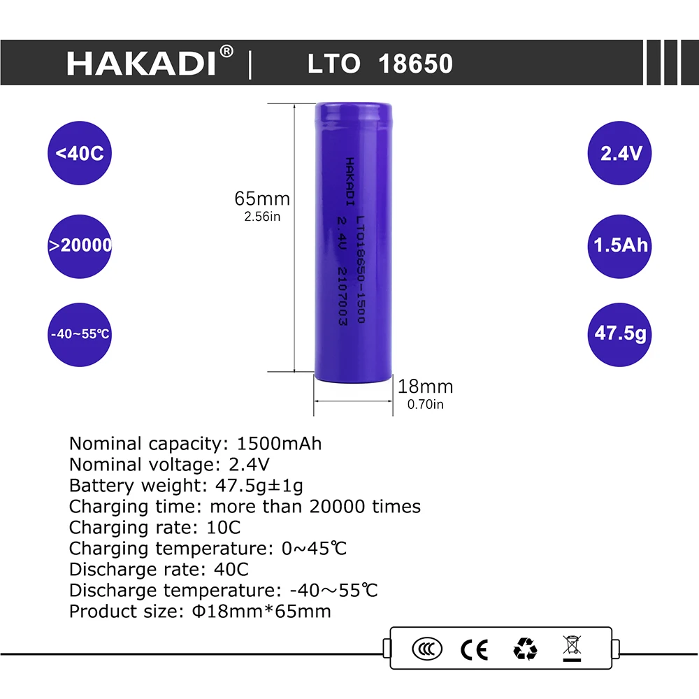 LTO 18650 2,4 V 1500mah batería recargable de titanato de litio rendimiento de baja temperatura para silla de ruedas eléctrica rejilla eléctrica