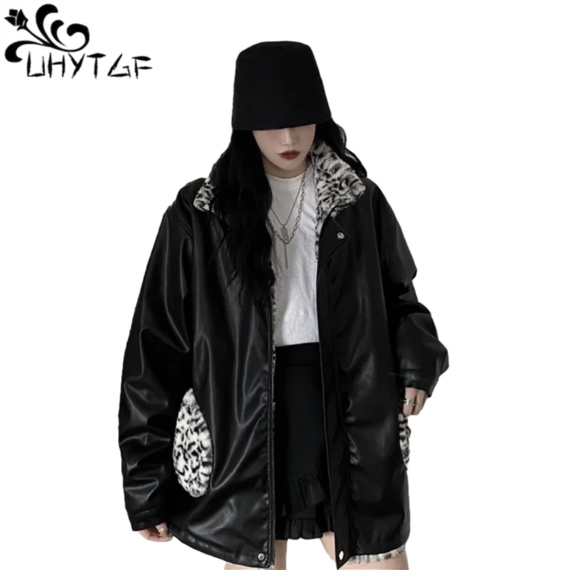 UHYTGF Leather Jacket For Woman Winter Jacket Women Streetwear Double-sided Leopard Black Leather Jacket Loose Size Outerwear916