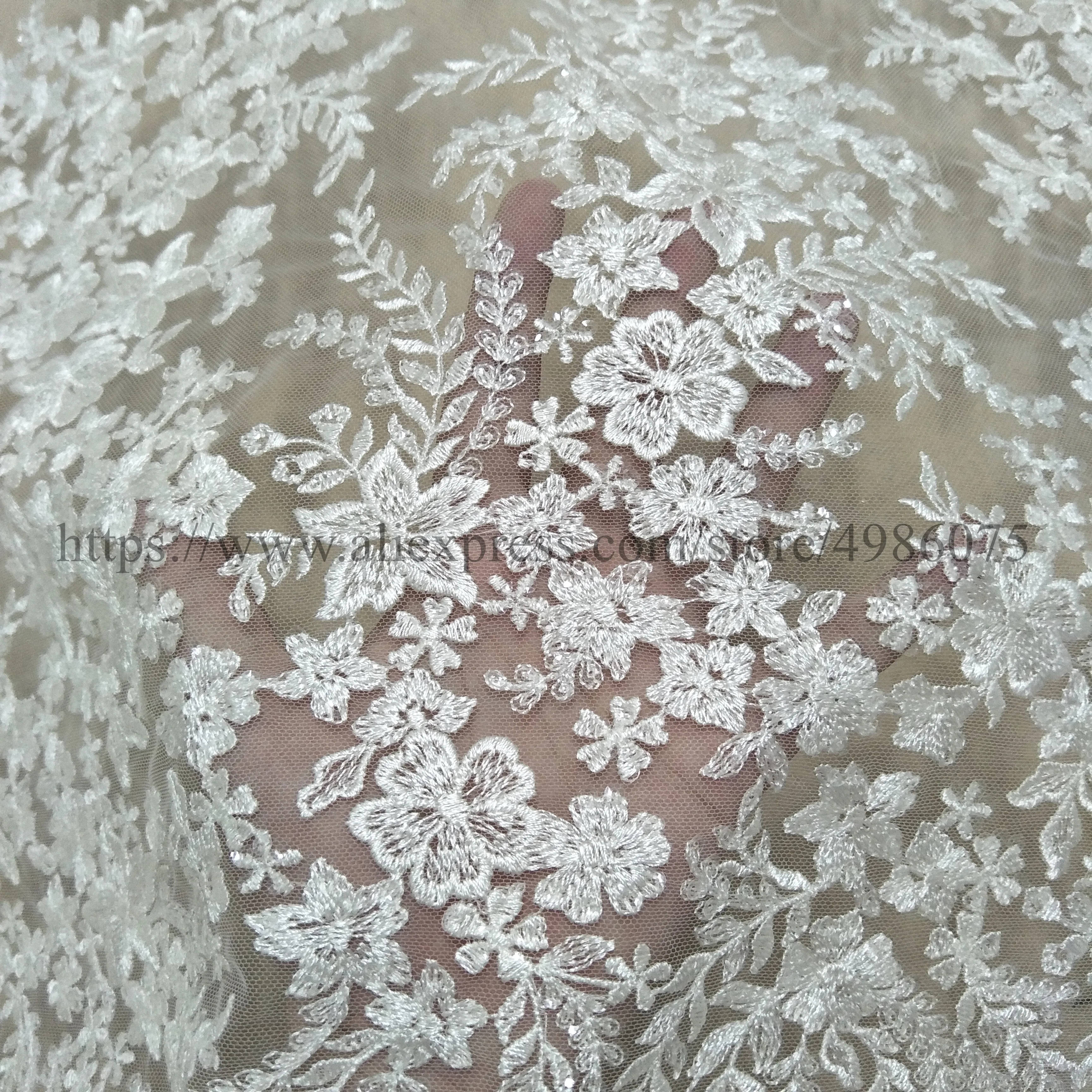 Fashion bridal wedding gown dress ivory lace farbic with sequins 130cm width bridal lace sell by yard