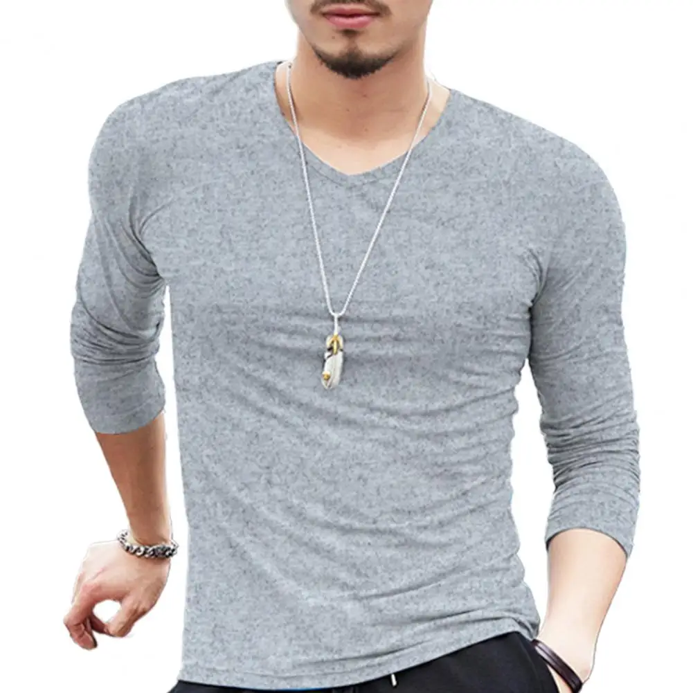 T-shirt Men Long Sleeve Shrink-resistant Solid Color V Neck Bottoming Shirt Pullover Top Long Sleeve Stretchy Slim T-shirt Men