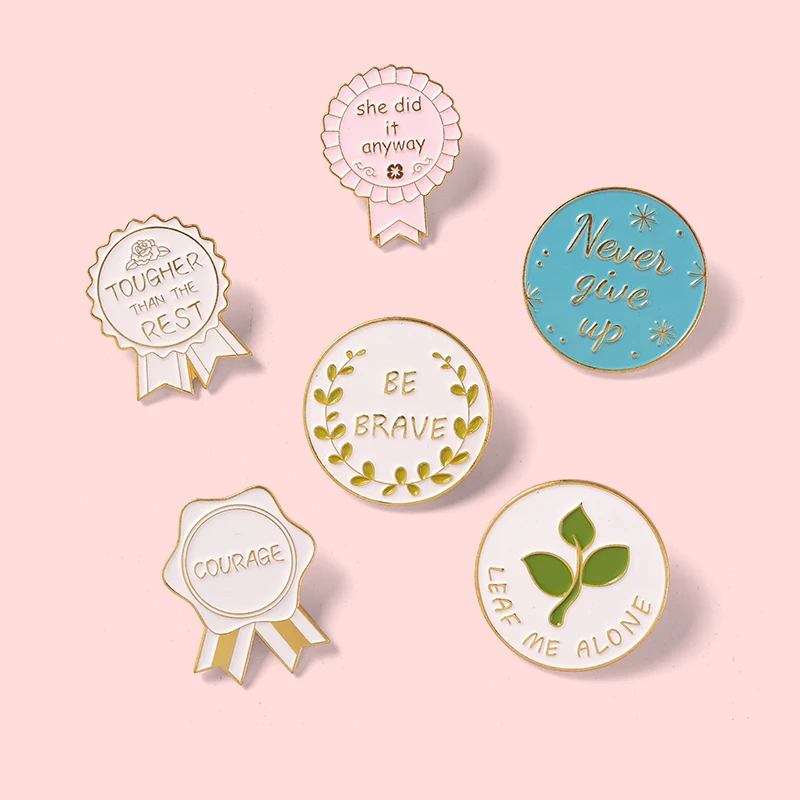 Fashionable Simple Medal Creative Cartoon Text Don't Give Up Brave Metal Enamel Brooch Personality Lapel Backpack Jewelry Gifts